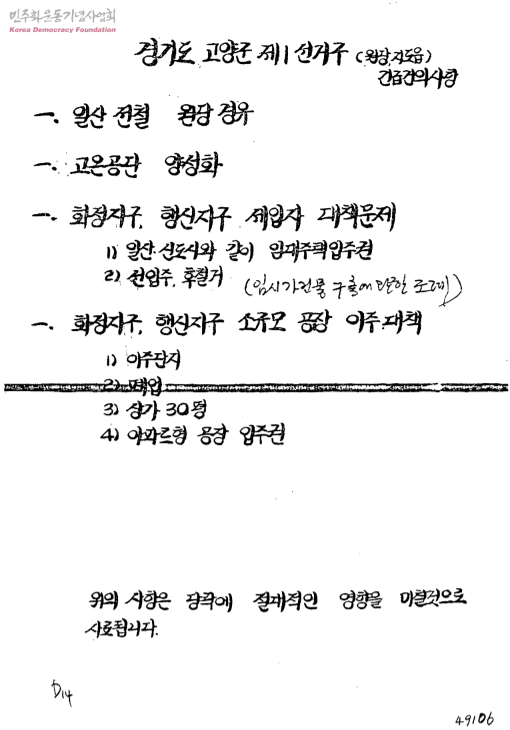경기도 고양군 제1선거구(원당, 지도읍) 긴급건의사항
